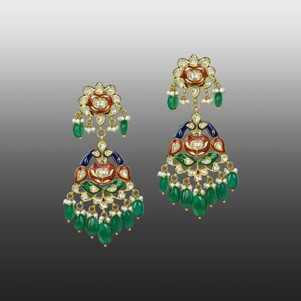 Peacock Enamel Earrings with Polki Diamonds and Emerald Drops